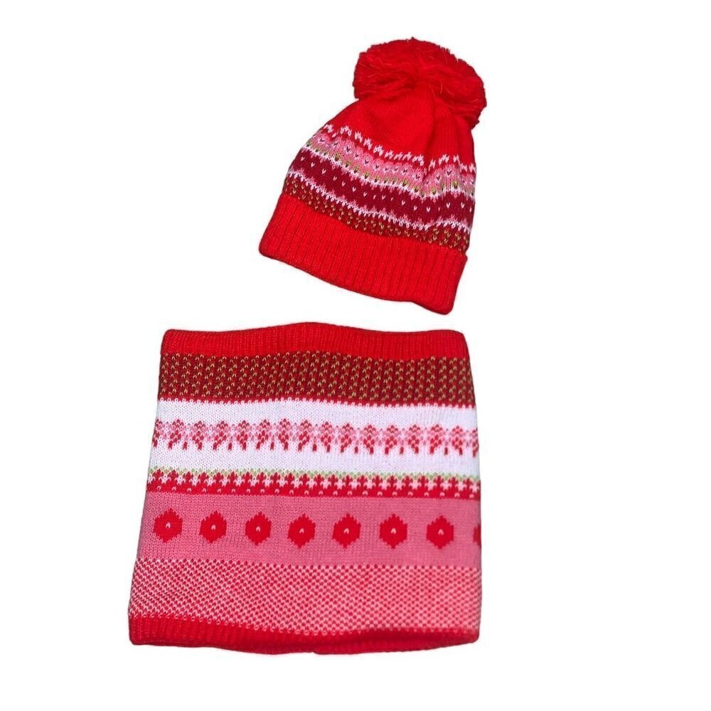 BP Women's Knit Scarf And Bobble Hat Set Fair Isle Pattern Red Pink Fleece Lined